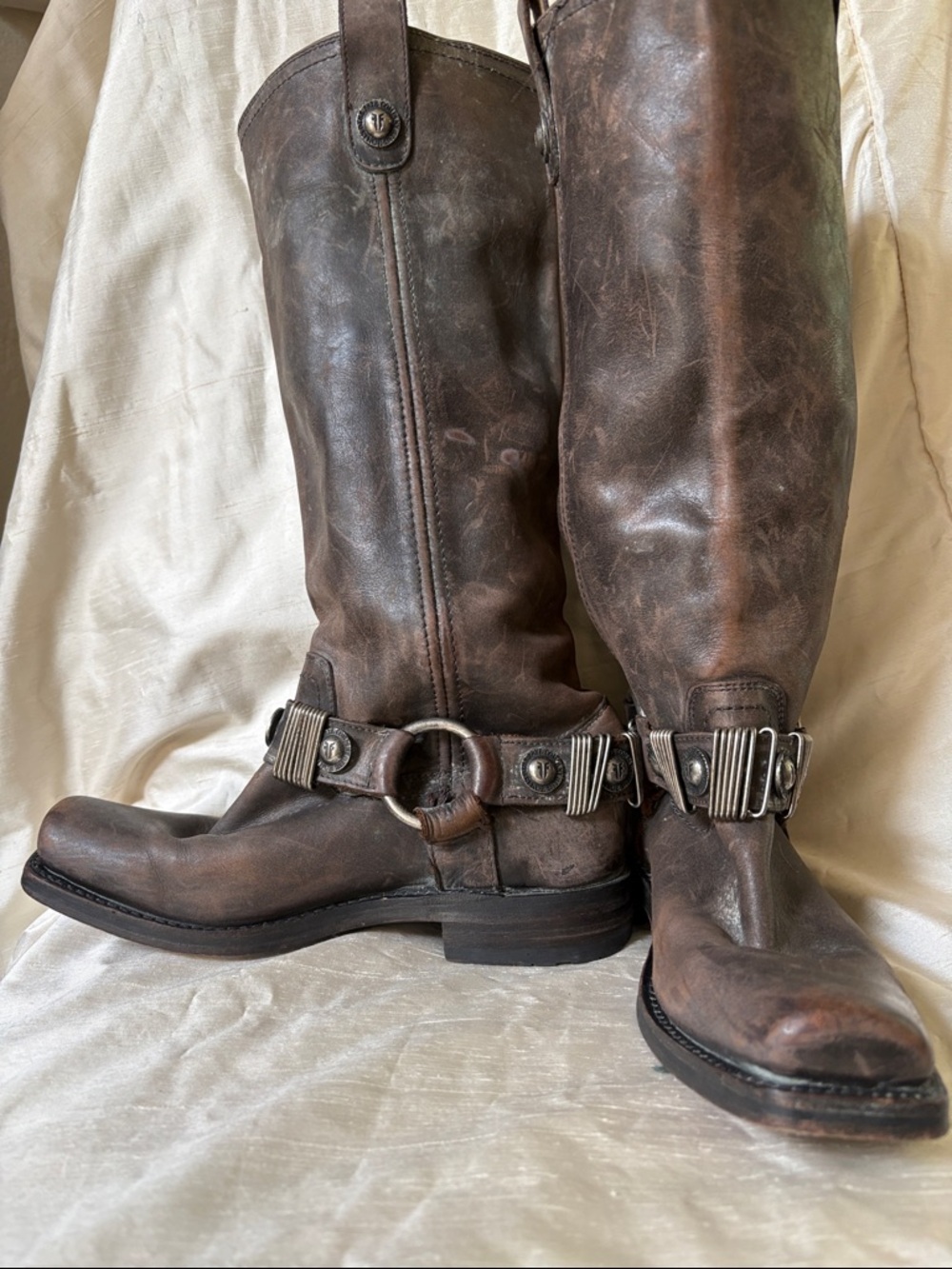 FRYE AND CO. Distressed Brown Leather Harness Boots